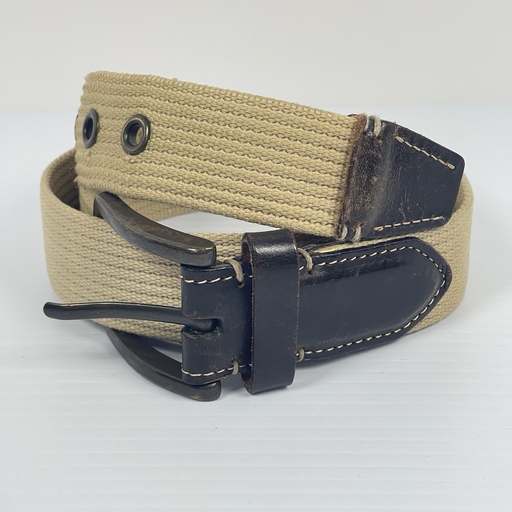 Fossil Utility Woven Cloth Belt‎ Size 40 Men's Beige Tan Brown Leather Accent